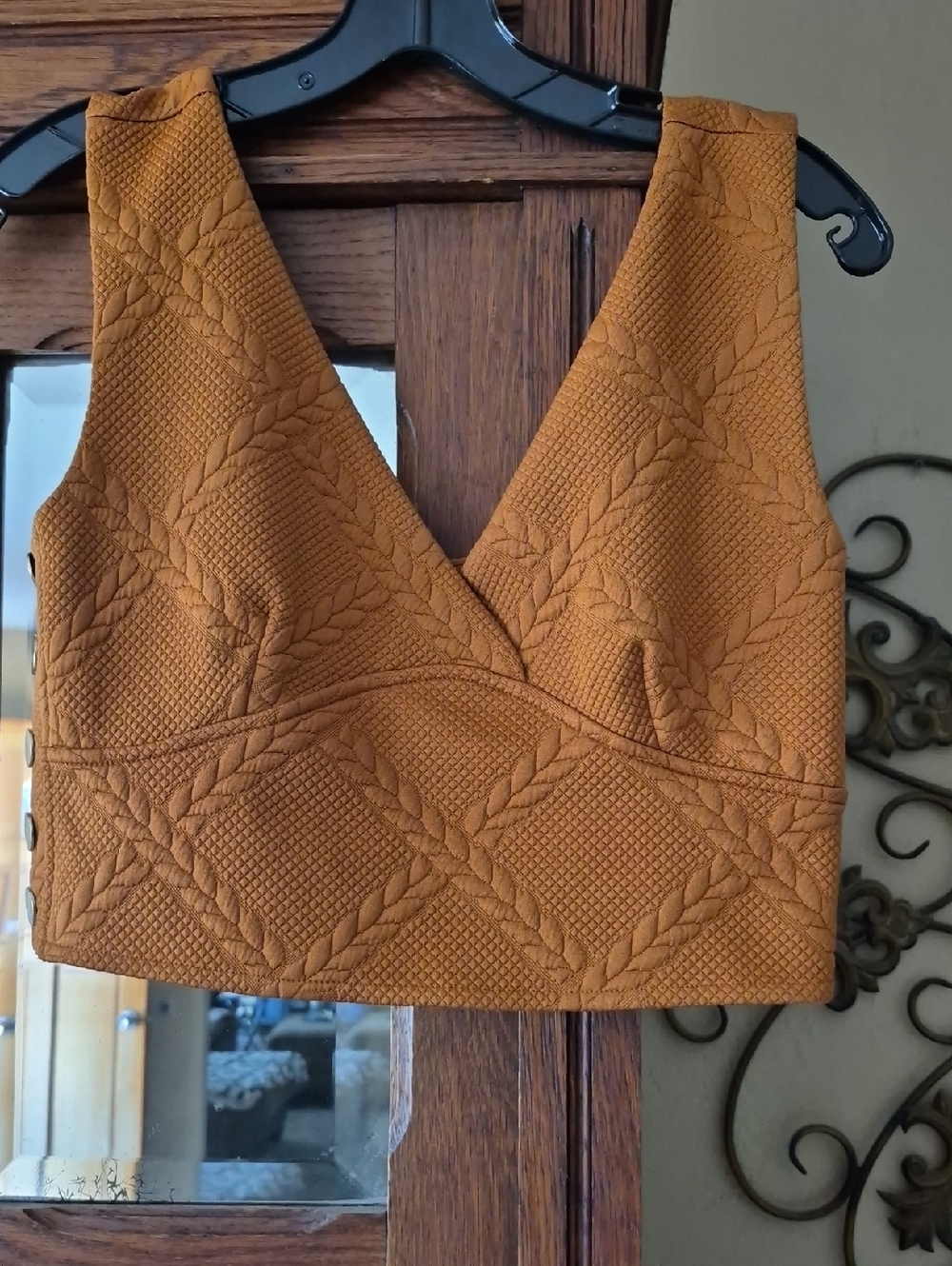 Anthropologie Textured V-Neck Crop Top in Mustard Brown